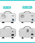 Front and back view of a portable oil free diaphragm vacuum pump for filtration with adjustable pressure and fast 20 Lpm airflow, dual voltage 110V to 220V.