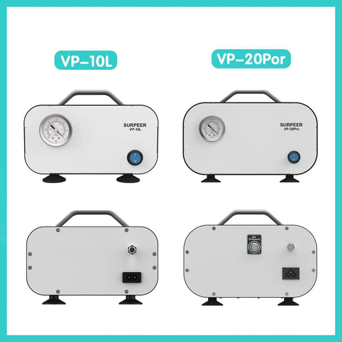 Front and back view of a portable oil free diaphragm vacuum pump for filtration with adjustable pressure and fast 20 Lpm airflow, dual voltage 110V to 220V.