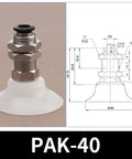 Top Notch Pak Series Pneumatic Rubber Sucker Cup Chuck For Industrial Vacuum Gripping, PAK-40 suction pad with dimensions and fitting.