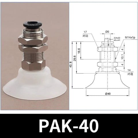 Top Notch Pak Series Pneumatic Rubber Sucker Cup Chuck For Industrial Vacuum Gripping, PAK-40 suction pad with dimensions and fitting.