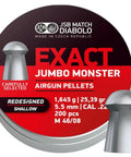 Exact Jumbo Monster Domed.22 Cal Pellets, shallow skirt, 25.39 grains, 200 count pack with packaging and pellet image.