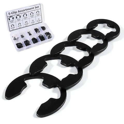 Essential E Clip Assortment Kit For Bearings Gears Pulleys And Shafts With 10 Sizes From 1.5mm To 10mm External Retaining Rings Snap Rings Set DIANN Pro Grade Hardened Steel, displayed in open case and arranged in line.