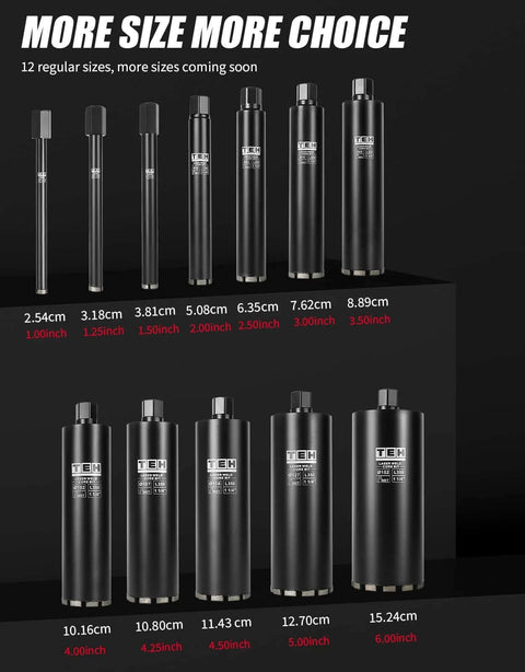 TEH diamond core drill bit set, wet, black TEH-brand bits, front view showing 12 sizes from 1 inch to 6 inches