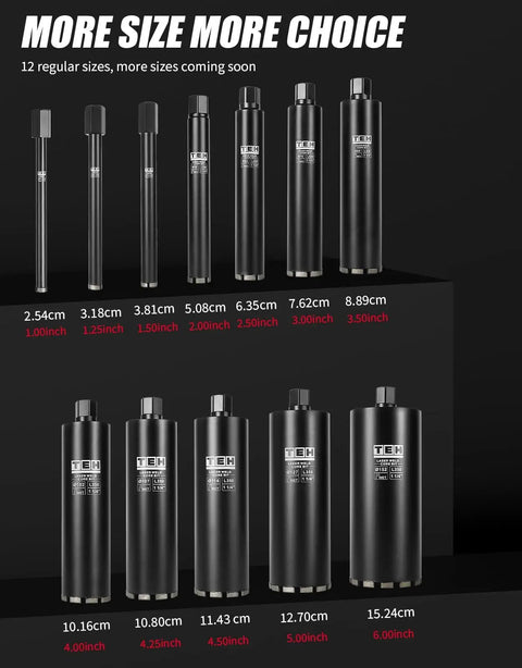 One Inch Wet Diamond Core Drill Bit With One And A Quarter Inch Thread, Fourteen Inch Drilling Depth, various sizes displayed