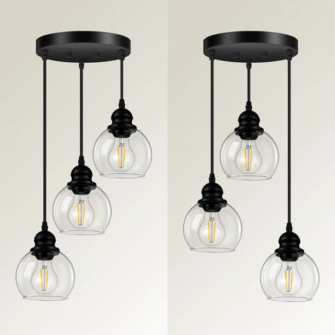 Three Light Pendant Light With Clear Glass Shades, Matte Black Finish, Adjustable Height Industrial Retro Ceiling Hanging Lamp