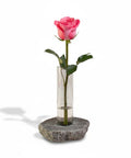 Rock Solid Bloom Bud Vase With Heavy Granite Base And Glass Flower Holder No Tip Stability For Tall Blooms Single Stem Vase With Protective Cork Bottom Handcrafted In USA New Hampshire Minimalist Eco Decor holding single pink rose