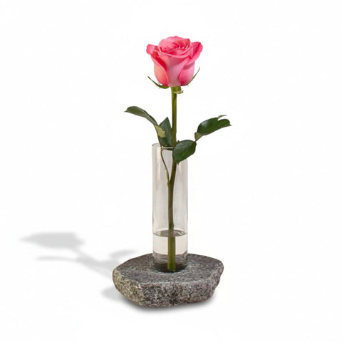 Rock Solid Bloom Bud Vase With Heavy Granite Base And Glass Flower Holder No Tip Stability For Tall Blooms Single Stem Vase With Protective Cork Bottom Handcrafted In USA New Hampshire Minimalist Eco Decor holding single pink rose