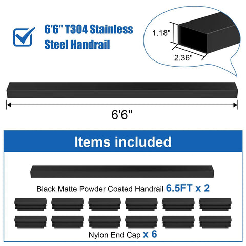 Two Pack 6 Ft 6 In Stainless Steel Cable Railing Handrail For Indoor Outdoor Deck And Stair, Flat Top Kit With End Caps, HT01