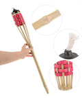 2 Pack Faux Bamboo Tiki Torches Outdoor Decor For Backyard Handmade Bamboo Torch Lights being held and shown in detail