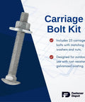 Half Inch 13 Thread Carriage Bolt Kit For Exterior Use Built Tough With 25 Bolts, 25 Washers And 25 Hex Nuts, Fully Threaded, Hot Dipped Galvanized For Outdoor Durability, Self Locking Head Design, Commercial Grade A307 Hardware Set