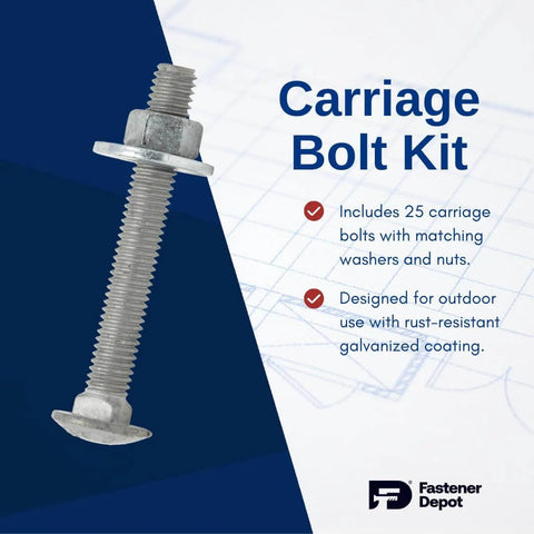 Half Inch 13 Thread Carriage Bolt Kit For Exterior Use Built Tough With 25 Bolts, 25 Washers And 25 Hex Nuts, Fully Threaded, Hot Dipped Galvanized For Outdoor Durability, Self Locking Head Design, Commercial Grade A307 Hardware Set