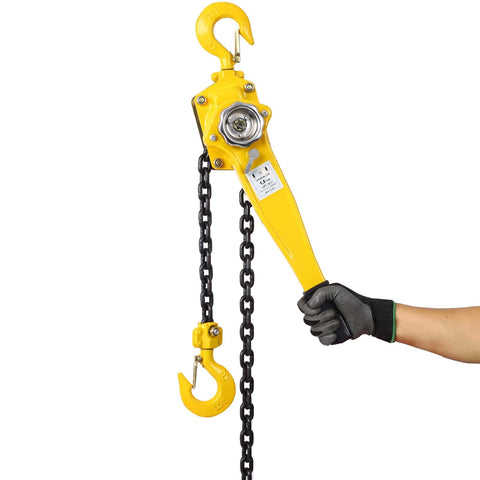 Yellow Heavy Duty Lever Chain Hoist, One And A Half Ton Capacity With 3300 Lb Lift, 20 Ft Chain, A True Workhorse With Heavy Duty Hooks