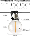100 Ft G40 Globe Outdoor String Lights With 50 Dimmable Shatterproof Bulbs, 2700K Warm White, E12 base, bulb dimensions shown.
