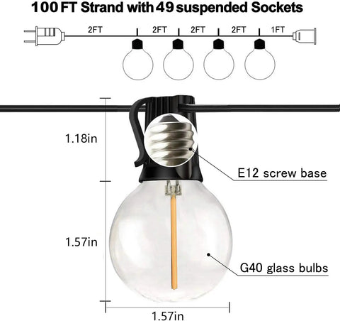 100 Ft G40 Globe Outdoor String Lights With 50 Dimmable Shatterproof Bulbs, 2700K Warm White, E12 base, bulb dimensions shown.