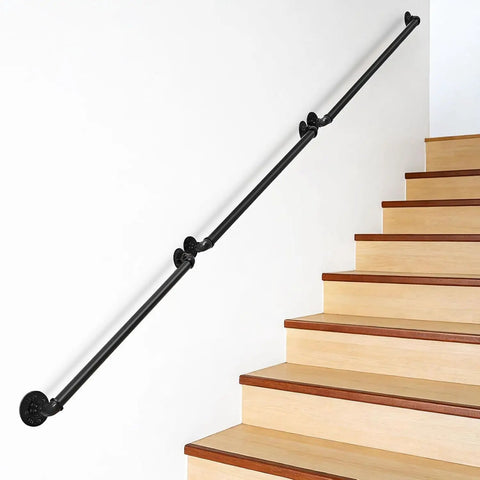 Heavy Duty 3 Pack Wall Mounted Pipe Handrail For Staircases And Porch Steps Black Galvanized Steel grab bars installed on stairs.