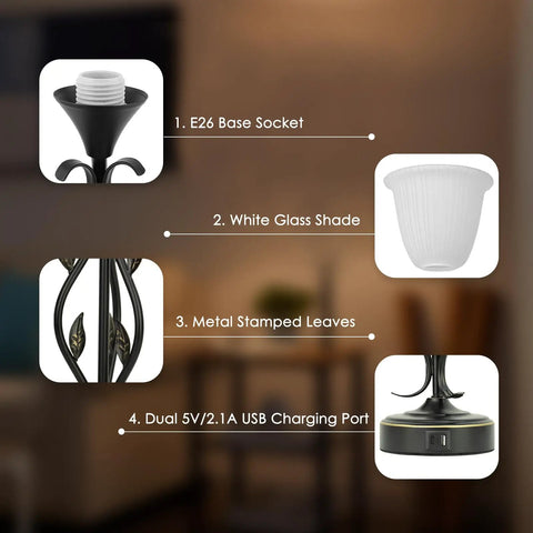 Set Of 2 Touch Control Table Lamps With 3 Way Dimmable Torchiere Lighting, Dual USB Charging Ports, Rustic Leaf Body And Glass Shade