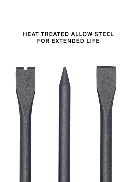 Extra Long 7 Inch Air Chisel Set 3 Piece With Flat Bolt Cutter And Tapered Punch Chisels For Quick Demolition visible