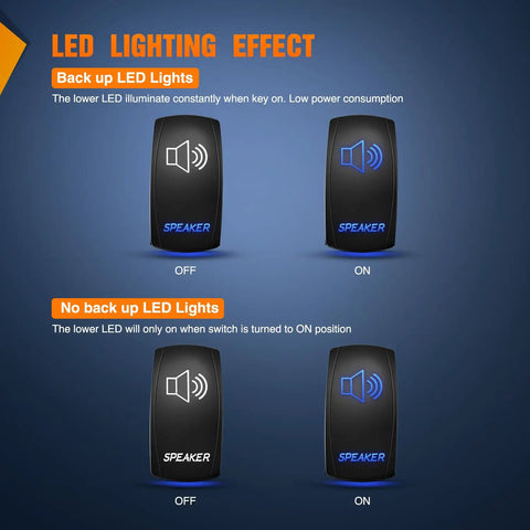 Lit Blue LED 5 Pin Rocker Switch SPST On Off With Jumper Wires Set showing LED lighting effect in on and off positions