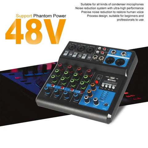 Mini 5 Channel DJ Mixer With Bluetooth USB MP3 Stereo 48V Phantom Power Live DJ Studio Streaming Console, top view