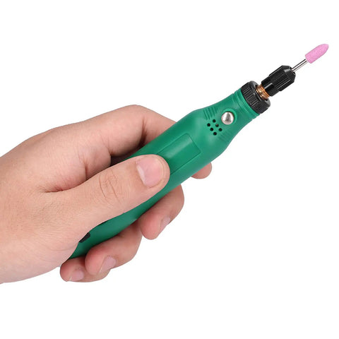 Rugged Mini Electric Grinder With Three Adjustable Speeds For Smooth Sanding Carving And Polishing held in hand, green ergonomic design.
