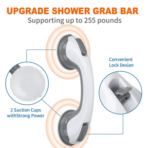 2 Pack 12 Inch Shower Grab Bars With Strong Suction Cups, Non Slip Bath Safety Handles, convenient lock design, supports 255 lbs
