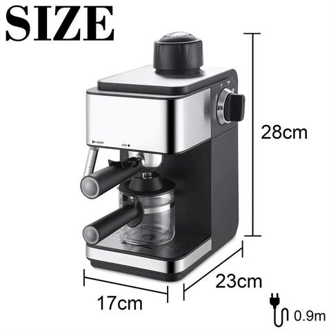 Front view of Built In Coffee Machine With Milk Frother, Home Barista Style Espresso Maker, 28cm tall, compact design