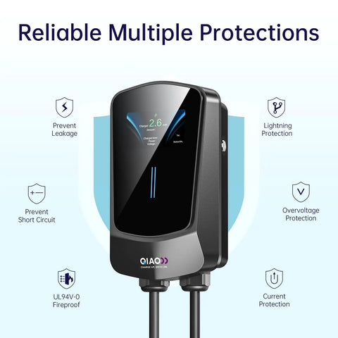 Level 2 EV Charger for Home Use With 14-50 Plug 40A High Current Output 25ft Cable showing protections and display