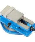 Rock Solid 3 Inch Precision CNC Milling Vise With Swivel Base, blue metal design and angled jaw for secure gripping.