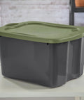 Heavy Duty 17.5 Gallon Plastic Storage Bin With Clear Lid And Full Length Through Wall Handles Gray Opaque Base Stacks Tight 70 Quart Tote displayed at an angle.