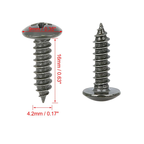 Fifty Pack Hella Tough Metal U Clip Screws 4.2X16mm Automotive Fasteners with detailed dimensions 9mm top, 16mm length.