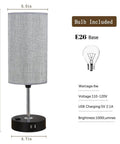 Image of Three Way Touch Dimmable Bedside Lamp With USB Ports And One Outlet Gray Shade Bulb Included showing dimensions and bulb details
