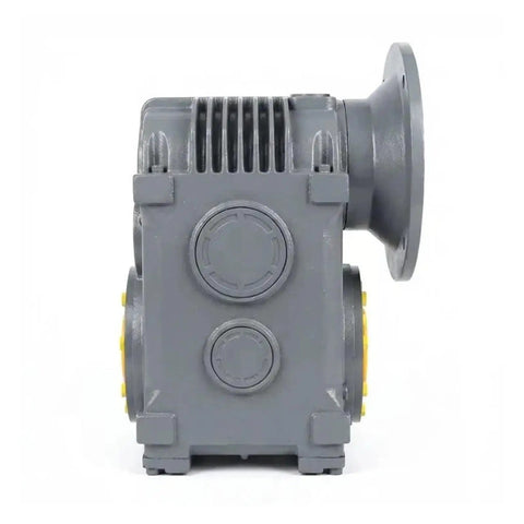 Beefed Up Workhorse Parallel Shaft Helical Gear Reducer With 1 To 3 And 1 To 500 Reduction Range, Dead Quiet Smooth High Torque Output, Horizontal Or Vertical Mounting, Multi Voltage 12V 24V 110V 220V 380V For Industrial Drives, gray housing