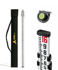 16-Foot Aluminum Grade Leveling Rod Dual-Sided 5-Section Telescopic With Bubble Level Red Foot Markings 10ths Weather-Resistant Graduations Lightweight Built Tough Construction Includes Soft Carrying Case, shown with case and bubble level