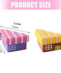 Colored house-shaped clear PVC table corner protectors shown as measurement guide with dimensions for installation.