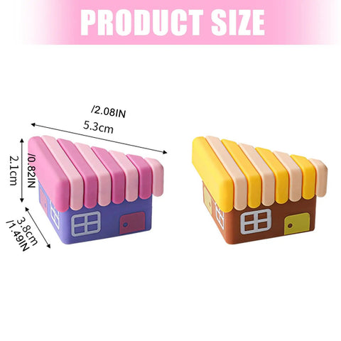 Colored house-shaped clear PVC table corner protectors shown as measurement guide with dimensions for installation.