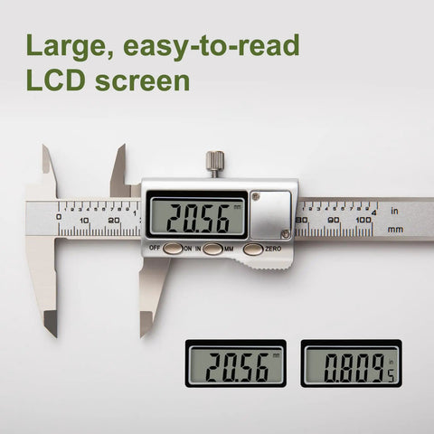 All-Metal Digital Caliper 0 To 4 Inches For DIY Home Projects And 3D Printing, measuring 20.56 mm on large LCD screen