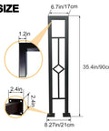 Rock Solid U Shaped Stair Handrails 2 Pack dimensions 35.4 in tall, 8.27 in wide, mat black wrought iron with rhombus cutouts.