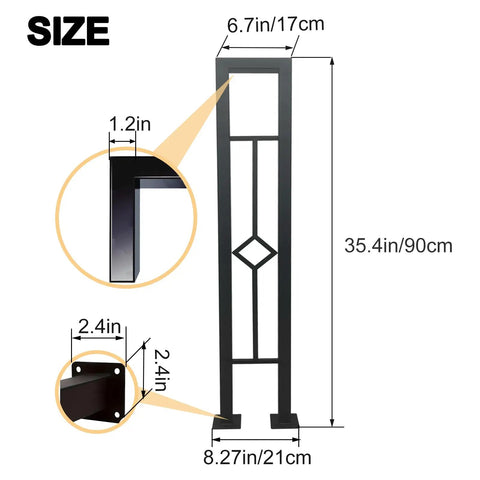 Rock Solid U Shaped Stair Handrails 2 Pack dimensions 35.4 in tall, 8.27 in wide, mat black wrought iron with rhombus cutouts.