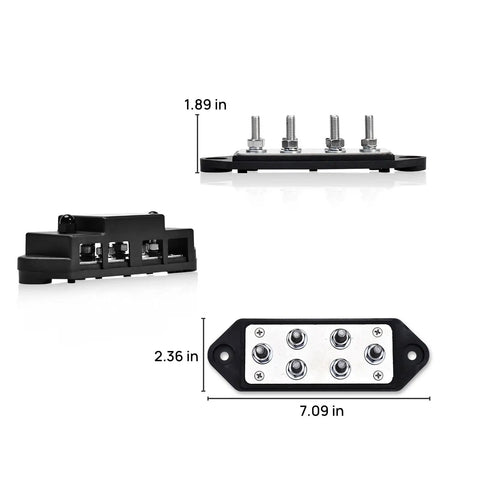 Beefy 400 Amp Busbar With Six M8 Studs For Parallel Battery Banks, 7.09 in long, black and silver dual pack power rail.