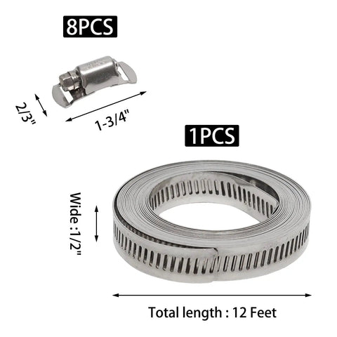 12 FT 304 Stainless Steel Hose Clamps Kit With 8 Heavy Duty Fasteners For DIY Projects, Cut To Length Custom Strapping Bands That Are Super Tough And Rust Resistant For Any Car Or Home Repair Needs. 12 ft roll with 8 fasteners, 1/2 inch wide