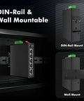 Industrial 5 Port Ethernet Switch Built Tough with 4 Local Ports and 1 Uplink, DIN Rail and Wall Mount options shown