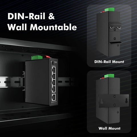 Industrial 5 Port Ethernet Switch Built Tough with 4 Local Ports and 1 Uplink, DIN Rail and Wall Mount options shown