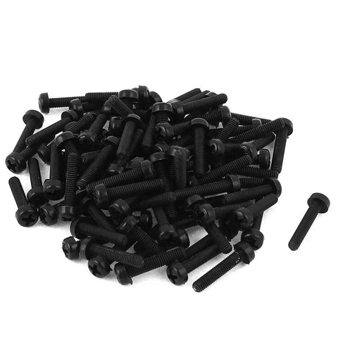 50 Pack Black Nylon Phillips Pan Head Machine Screws M3 X15mm Shop Grade Heavy Duty Fasteners in a pile for DIY projects.