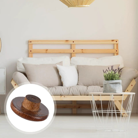 Wine Red Wood Hole Plugs Set With 120 Pieces In Four Sizes shown with natural wood furniture and beige cushions.