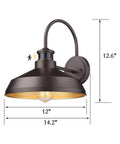 Infrared Motion Sensor Barn Lights Outdoor Wall Sconce Set For Farmhouse Exterior, showing dimensions and oil rubbed bronze finish.