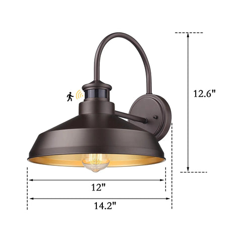 Infrared Motion Sensor Barn Lights Outdoor Wall Sconce Set For Farmhouse Exterior, showing dimensions and oil rubbed bronze finish.