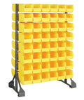 Top Shelf Double Sided Industrial Storage Rack System With Ninety Six Bright Yellow Parts Bins And Slick Steel Glide Tracks for organized storage.