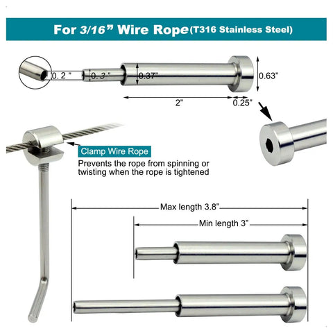 Invisible Cable Railing Hardware Kit For Three Sixteenths Inch Cable, 30 Pack Turnbuckle Set details with T316 steel specs.