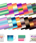 Gradient Sublimation Transfer Paper Set Pro Grade 15 Sheets 12x10 Inch Ombre Pattern for Tumblers and T Shirts displayed with examples