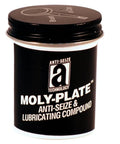 Front view of a black jar labeled Moly-Plate Anti-Seize & Lubricating Compound, containing Anti Seize Compound With Molybdenum Disulfide In Non Melting Carrier 2 Oz Black Paste Weather Resistant High Temperature Lubricant For Threads Bolts And Heavy Loads That Prevents Seizing And Galling While Protecting Against Rust And Corrosion.